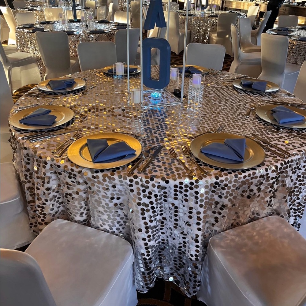 120” round Elegant Silver Sequin Tablecloth - I have 8 total!